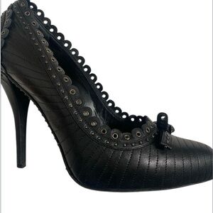 Christian Dior Black Leather Studded Accent Heels with Bow Detail